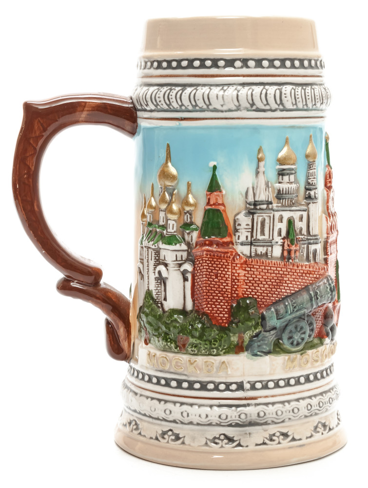 190 mm Moscow Snt Basil Cathedral and Kremlin Beer Mug (by Volga Pottery)