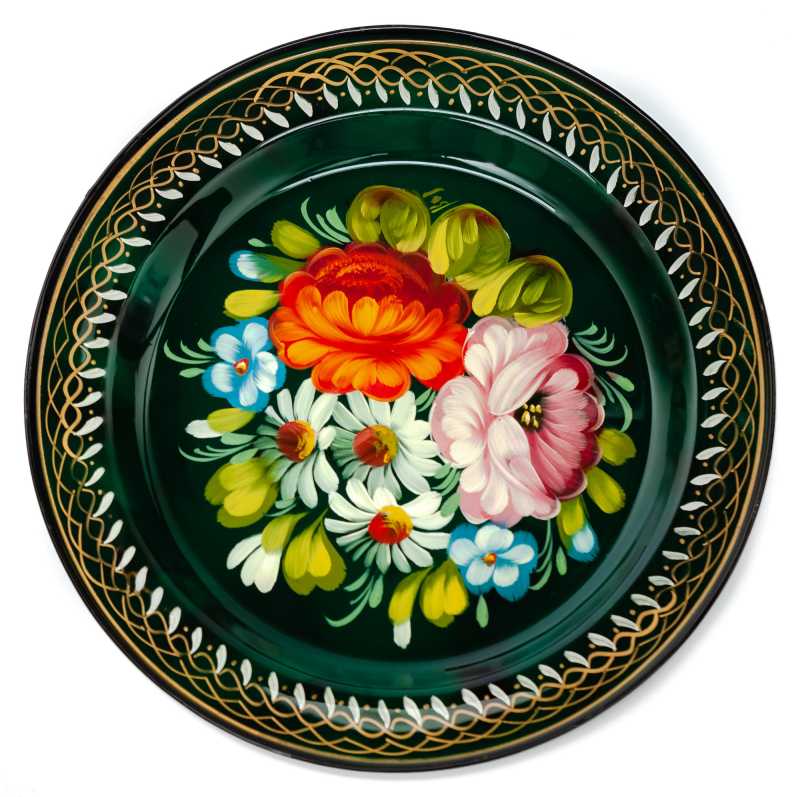 d 180 mm Zhostovo Patterns hand painted and lacquered Metal Forged Tray (by Lada Crafts)