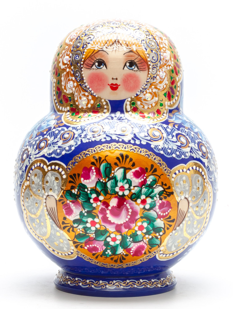 190 mm Navy Blue Russian Patterns hand painted Wooden Matryoshka 20 pcs (by Elena Kudryashova)
