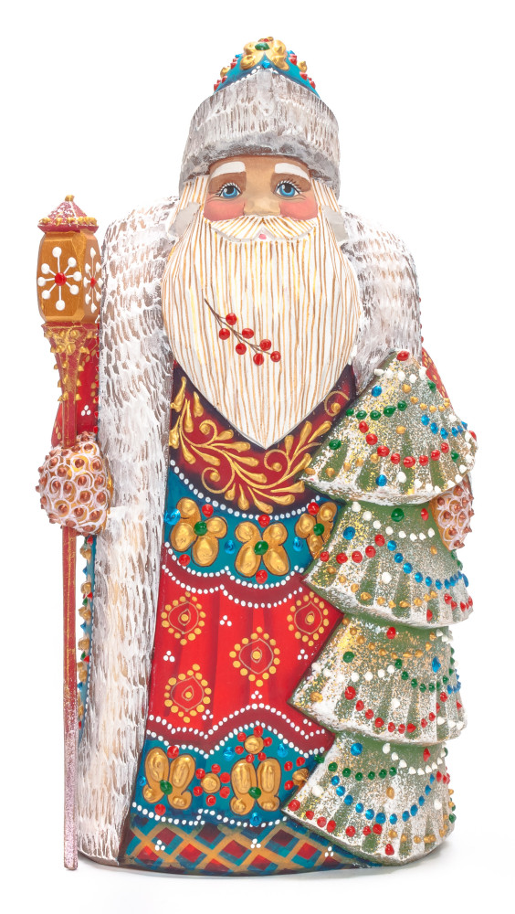 240 mm Santa with a Magic Staff and a Green Christmas Tree Carved Wood Hand Painted Collectible Figurine (by Natalia Nikitina Workshop)