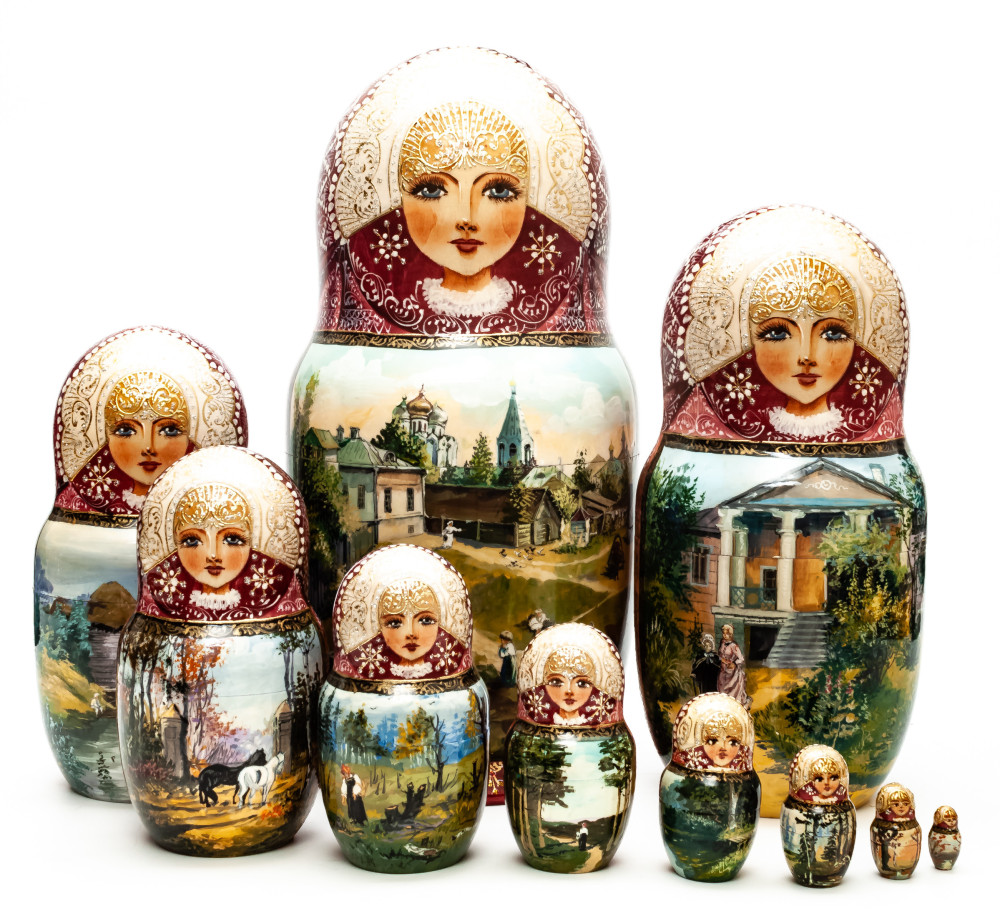 Shop Exclusive Nesting Dolls 280 mm Moscow Courtyard by Polenov hand painted on Wooden Matryoshka doll 10 pcs (by Trifinov Studio) online at Skazka.site | Eligible for fast shipping and free returns. 280 mm Moscow Courtyard by Polenov hand painted on Wooden Matryoshka doll 10 pcs (by Trifinov Studio)