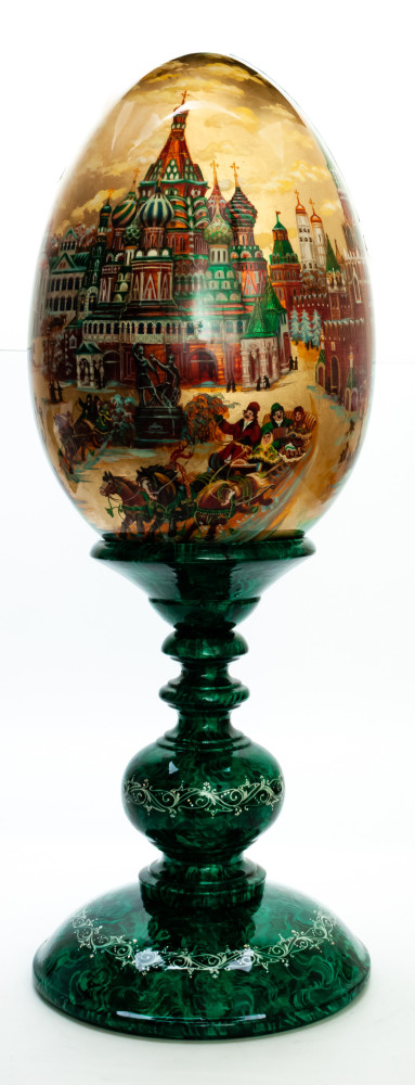 580 mm Saint Basil Cathedral hand painted on red colored wooden Egg with standby (by Tatiana Crafts)