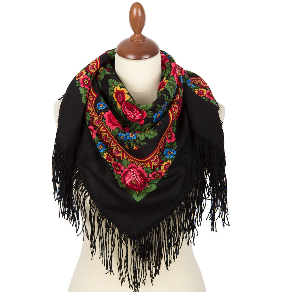 89x89 cm Matryoshka Woolen Shawl with Woolen Fringe Pavlovo Posad Manufactory