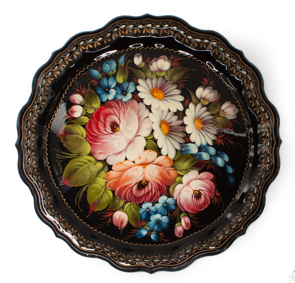 d 370 mm Zhostovo Patterns hand painted and lacquered by Lopatina Metal Forged Tray (by Lada Crafts)