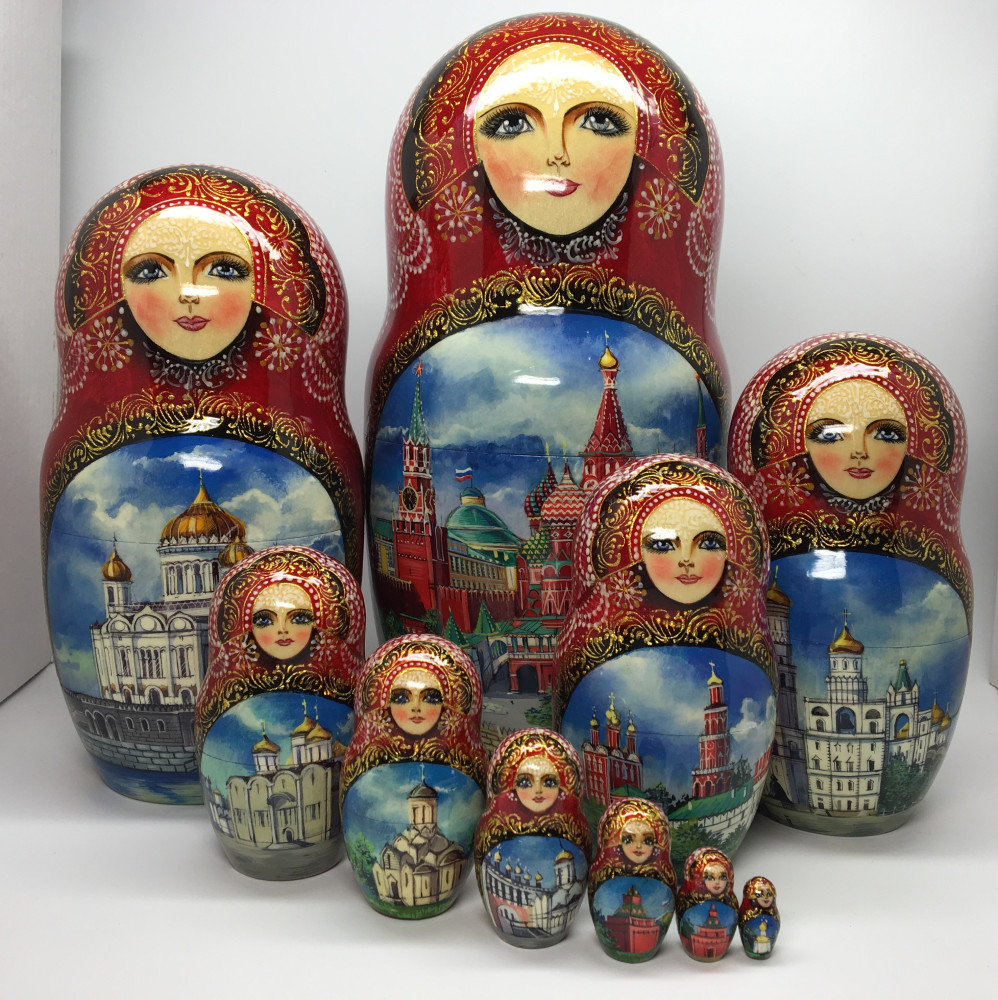 290 mm Moscow Cathedrals hand painted wooden Matryoshka Doll 10 pcs (by Trifiniv Studio)