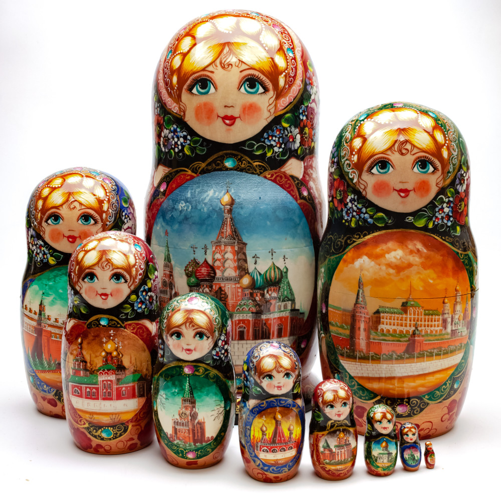 Shop Exclusive Nesting Dolls 250 mm Moscow Kremlin and Snt Basil Cathedral hand painted Matryoshka 10 pcs with Zhostovo ornaments (by Olga Zaitseva) online at Skazka.site | Eligible for fast shipping and free returns. 250 mm Moscow Kremlin and Snt Basil Cathedral hand painted Matryoshka 10 pcs with Zhostovo ornaments (by Olga Zaitseva)