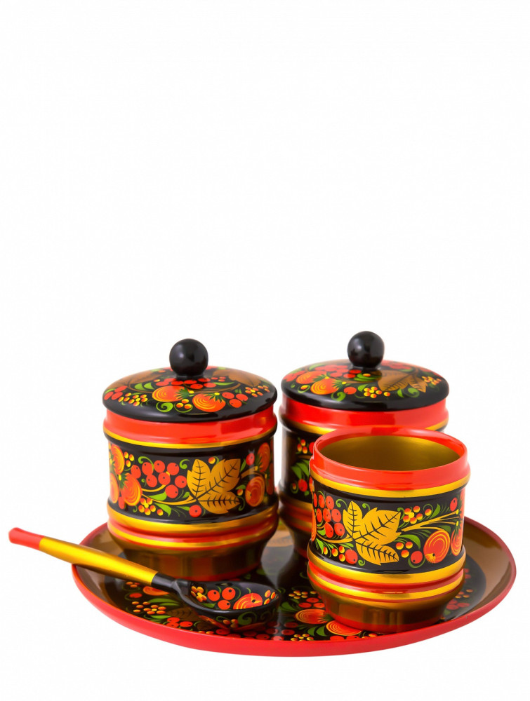 100 mm Khokhloma hand painted woode Sauce Bowl with lid and spoon on a round Tray (by Golden Khokhloma)