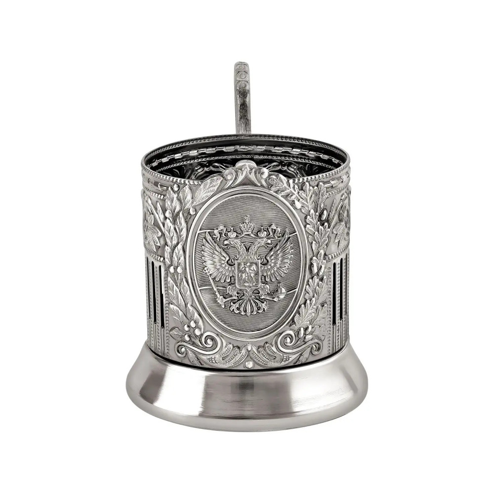 Coat of arms of the Russian Federation nickel plated tea glass holder with crystal glass