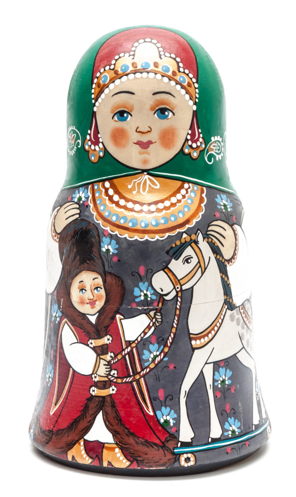 180 mm Mother with Son with a wooden Toy Horse handpainted Wooden Matryoshka Doll 5 pcs (by Skazka)