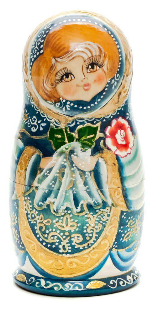 130 mm Girl with Scarlet Flower hand painted on Wooden Matryoshka doll 5 pcs (by Skazka)