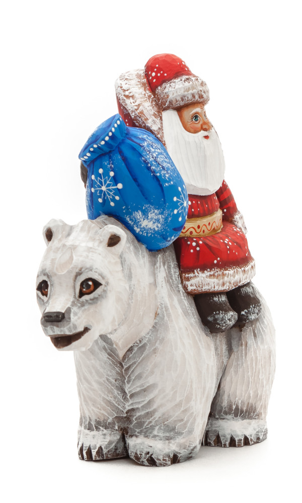 160 mm Santa with a Bag riding the Bear Carved Wood Hand Painted Collectible Figurine (by Sergey Christmas Workshop)