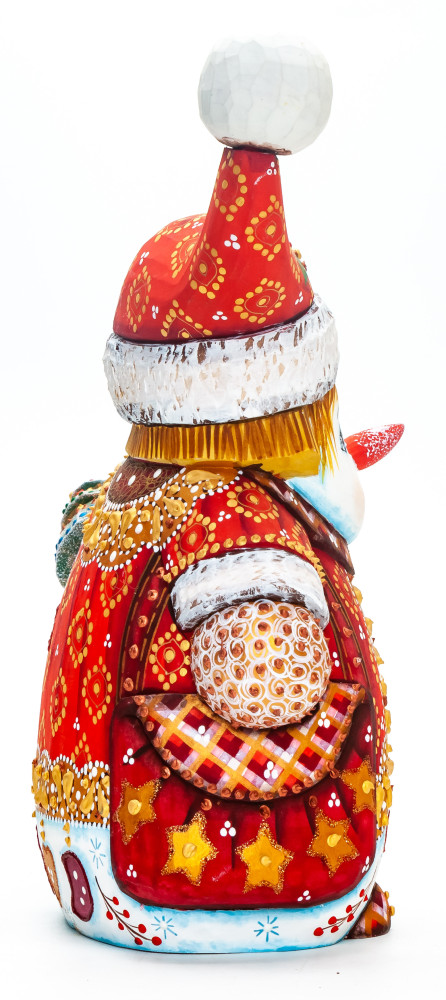 230 mm Snowman with a Christmas Green Tree hand painted wooden figurine (by Natalia Nikitina Workshop)