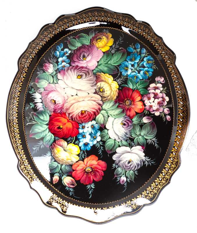 480x600 mm Zhostovo Patterns hand painted and lacquered by Lopatina Metal Forged Tray (by Lada Crafts)