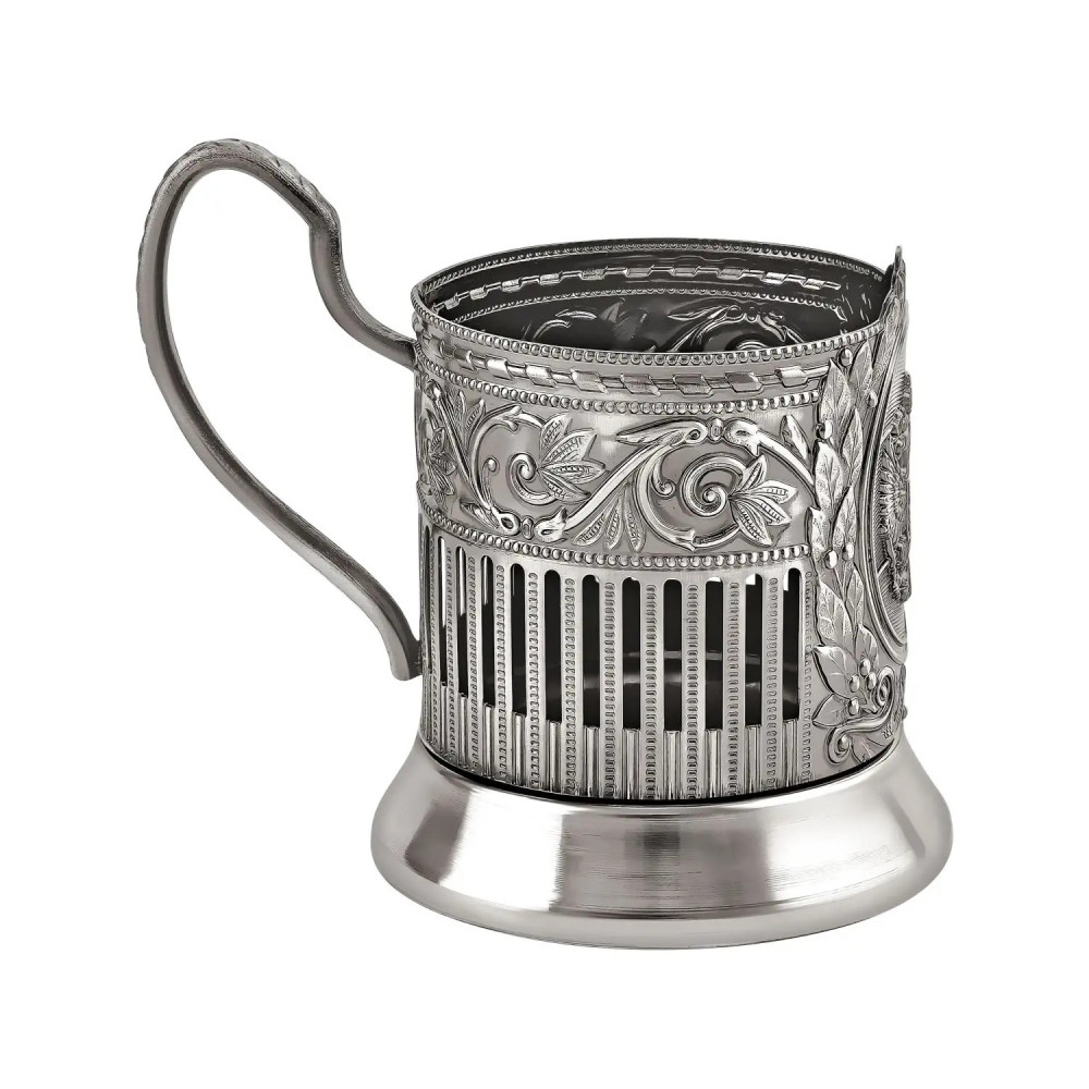 Coat of arms of the Russian Federation nickel plated tea glass holder with crystal glass