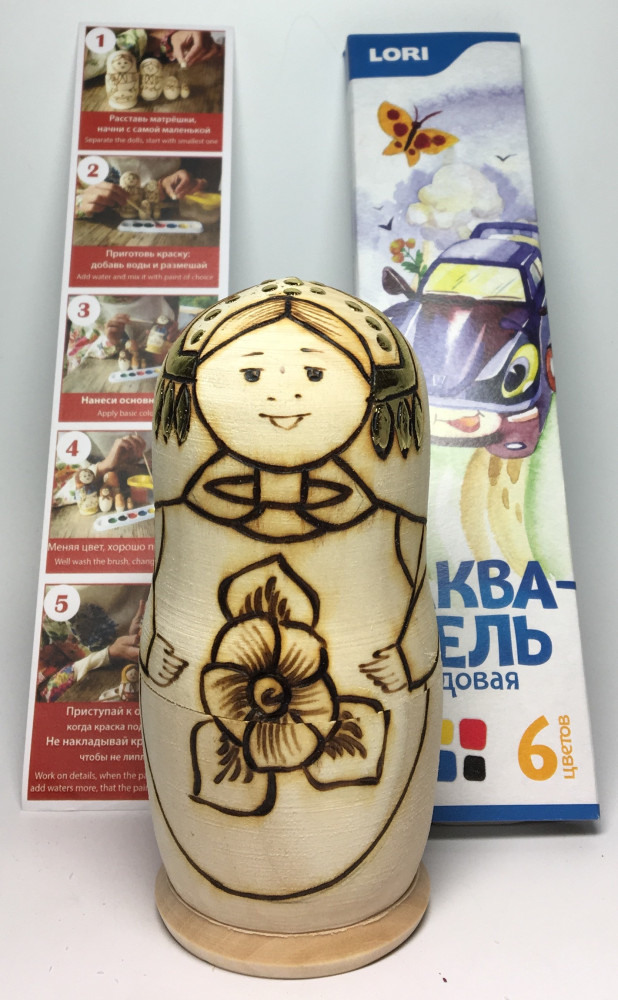 110 mm Blanc Matryoshka With Kokoshnik doll 5 pcs inside with paints, brushes, instruction manual (by Sergey Carved Wooden Dolls)