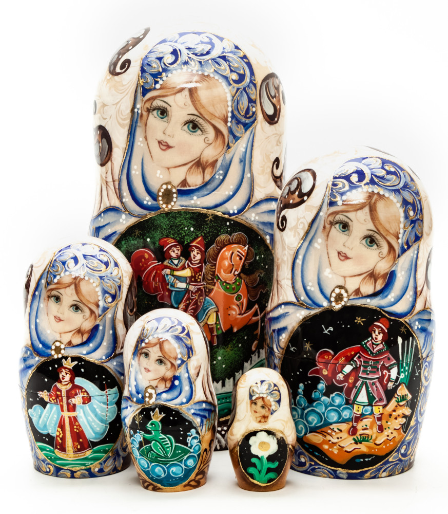 Shop Exclusive Nesting Dolls 180 mm Russian Fairytale by Pushkin handpainted Wooden Matryoshka Doll 5 pcs (by Sheherazade) online at Skazka.site | Eligible for fast shipping and free returns. 180 mm Russian Fairytale by Pushkin handpainted Wooden Matryoshka Doll 5 pcs (by Sheherazade)