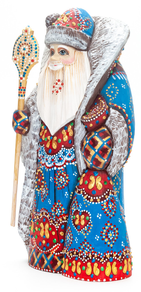 220 mm Santa Claus with a Magic Staff and a Bag Carved Wood Hand Painted Collectible Figurine  (by Natalia Nikitina Workshop)