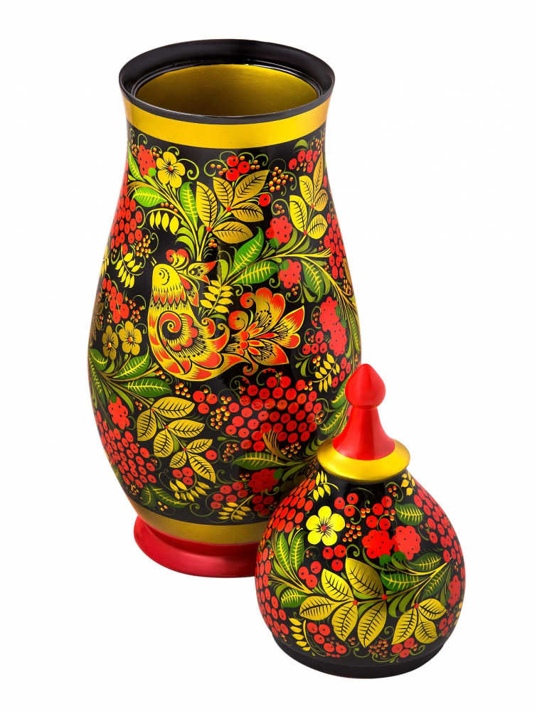 Pitcher with Lid and 2 Glasses hand painted wooden Set (by Golden Khokhloma)