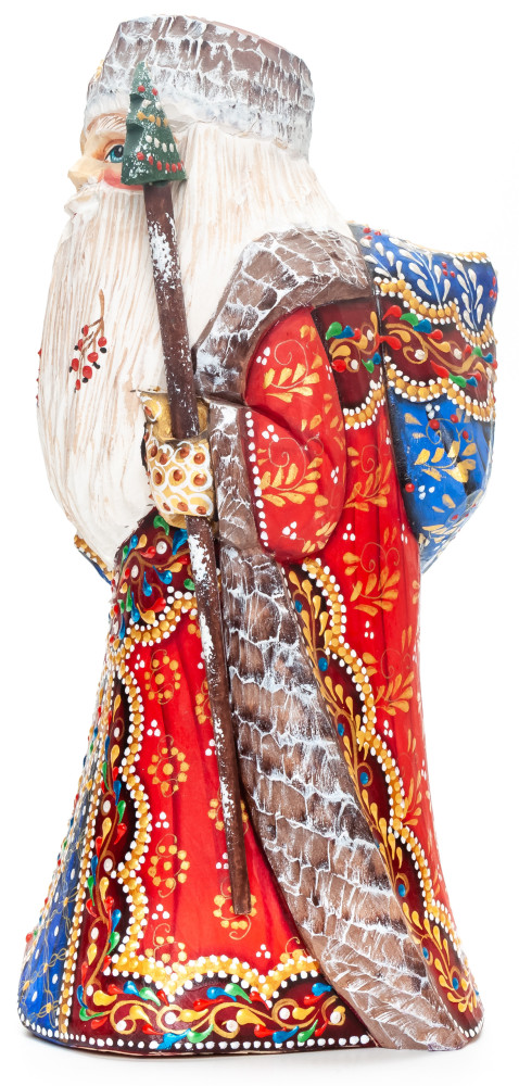 230 mm Santa Claus with a Magic Staff and a Bag Carved Wood Hand Painted Collectible Figurine (by Natalia Nikitina Workshop)