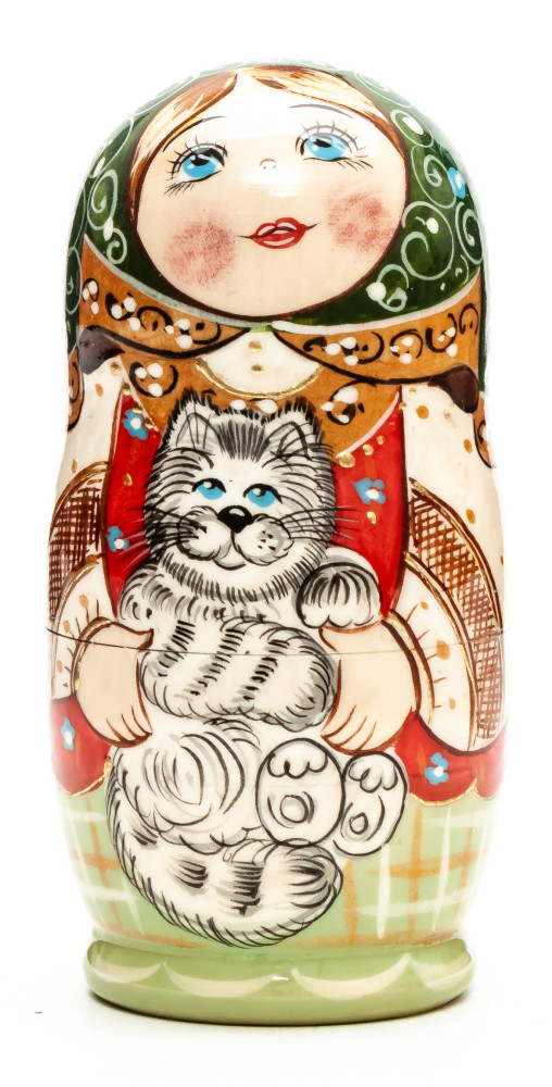 110 mm Russian Girl in Traditional Dress plays with Kitten hand painted wooden Matryoshka doll 5 pcs (by A Studio)