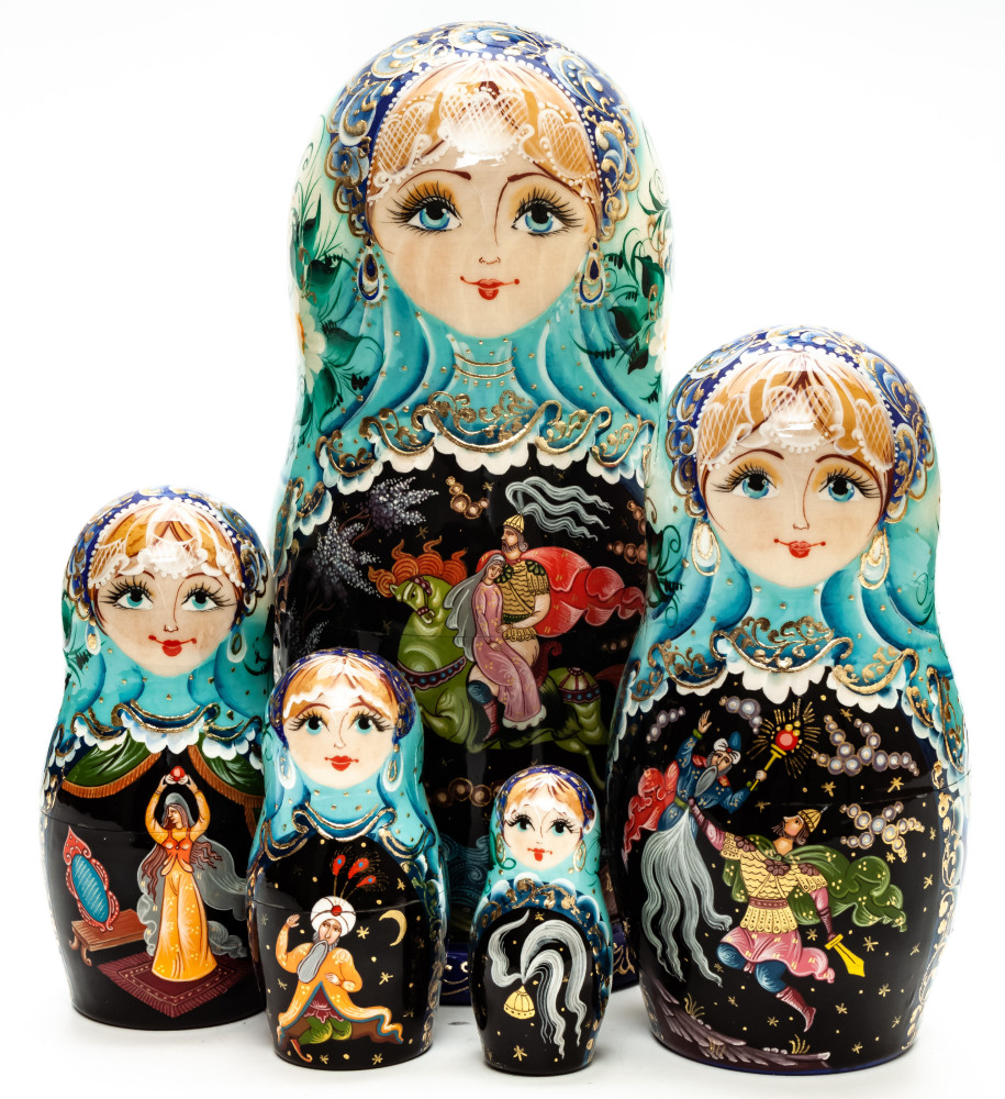 Shop Exclusive Nesting Dolls 180 mm Russian Fairytale hand painted on Wooden Matryoshka doll 5 pcs (by Golden Cockerel Studio) online at Skazka.site | Eligible for fast shipping and free returns. 180 mm Russian Fairytale hand painted on Wooden Matryoshka doll 5 pcs (by Golden Cockerel Studio)