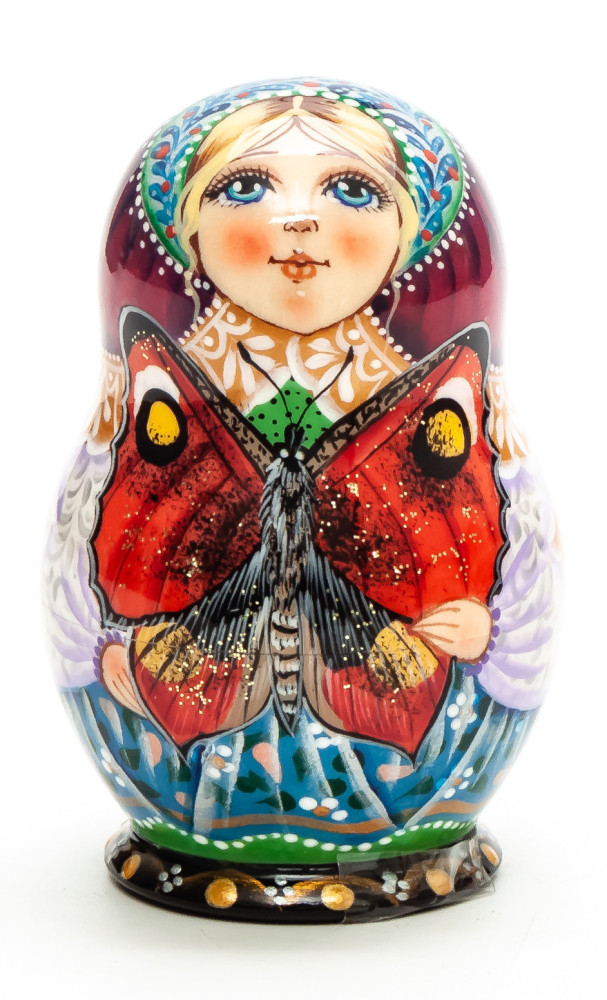 70 mm Girl with Butterfly hand painted wooden Matryoshka 5 pcs (by Vasily Crafts)