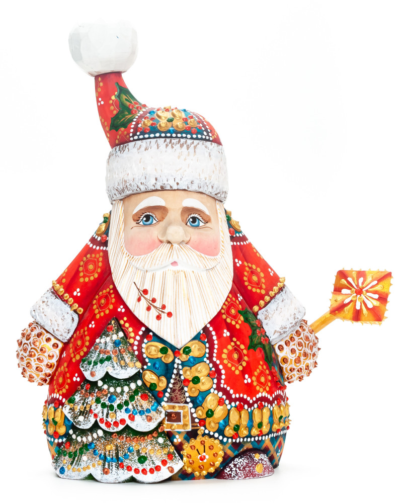 220 mm Santa with a Christmas Tree Carved Wood Hand Painted Collectible Figurine  (by Natalia Nikitina Workshop)