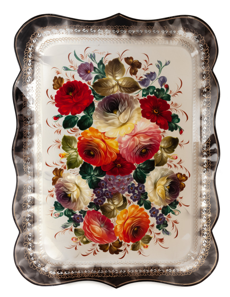 440x590 mm Zhostovo Patterns hand painted and lacquered by Gogin Metal Forged Tray (by Lada Crafts)