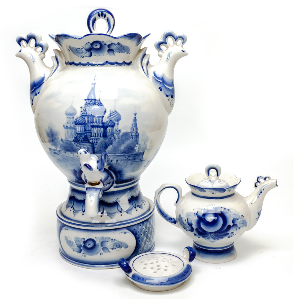 Saint Basil Cathedral Gzhel Ceramic Electric Kettle with Teapot and Tray