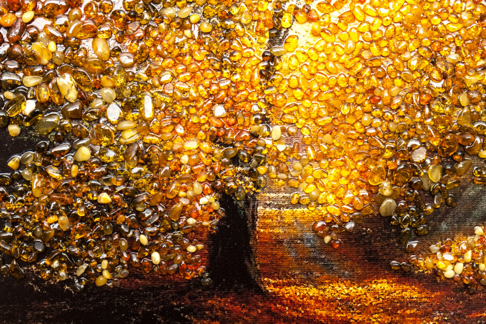 275x205 mm Autumn Landscape on red background hand made of natural Baltic Sea Amber stones (by Russian Amber)