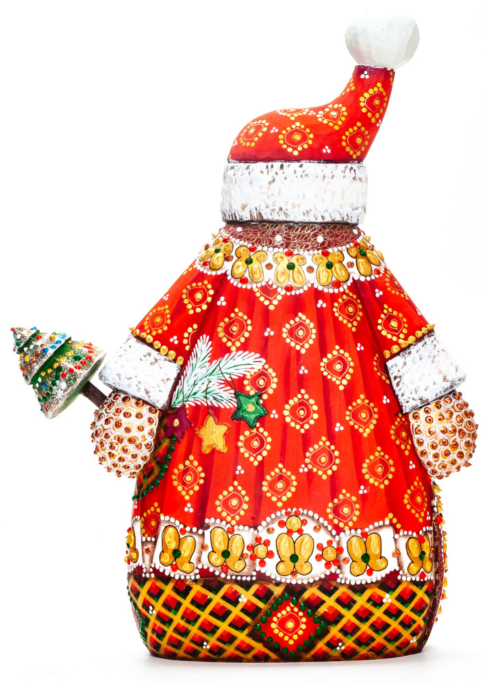 290 mm Santa with Christmas Green Tree Carved Wood Hand Painted Collectible Figurine  (by Natalia Nikitina Workshop)