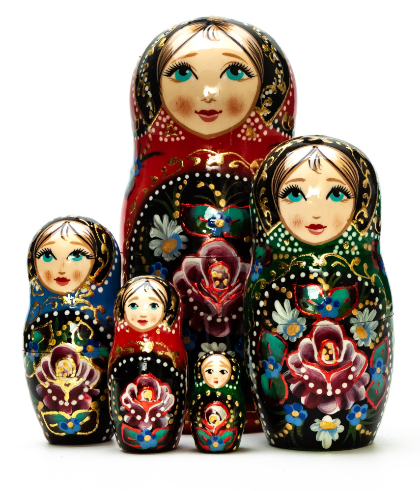  110 mm Flowers hand painted on wooden Matryoshka doll 5 pcs (by A Studio)