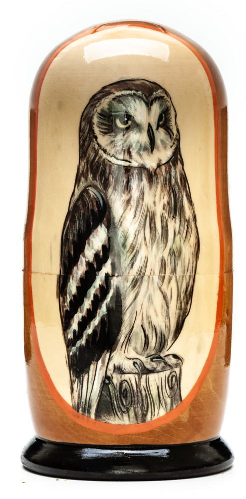 180mm Owl hand painted on wooden Matryoshka doll 5 pcs (by Alexander Famous Paintings Studio)