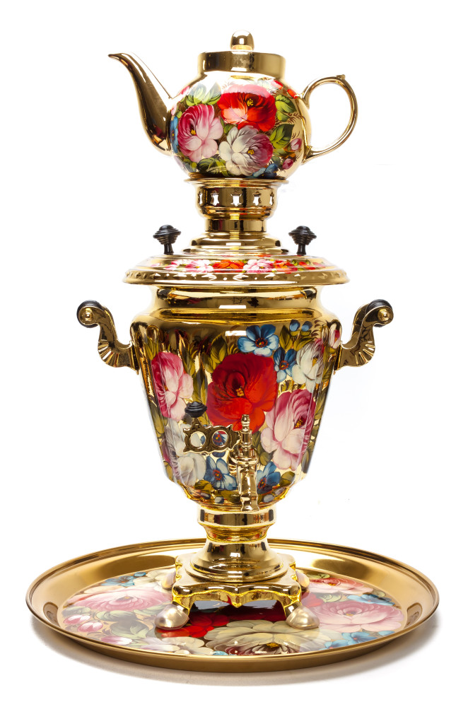 Zhostovo Flowers Electric Gold Samovar Kettle with 4 hand painted Brass Tea Glass Holders, Ceramic Teapot and metal Tray