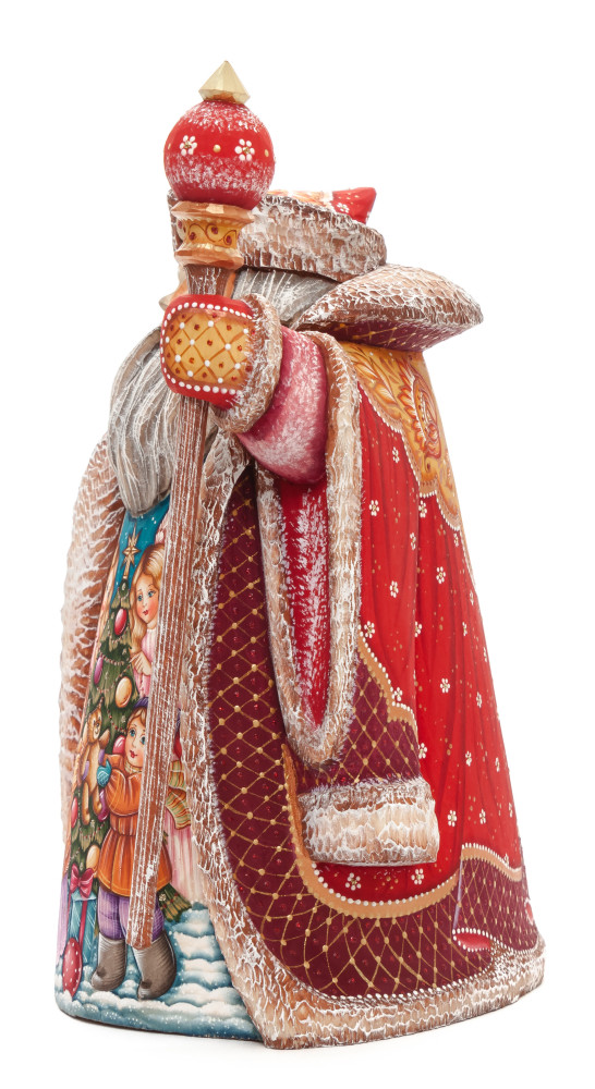 240 mm Santa with a Magic Staff and a Bag with hand painted Kids playing at the Green Christmas Tree Carved Wood Collectible Figurine (by Sergey Christmas Workshop)