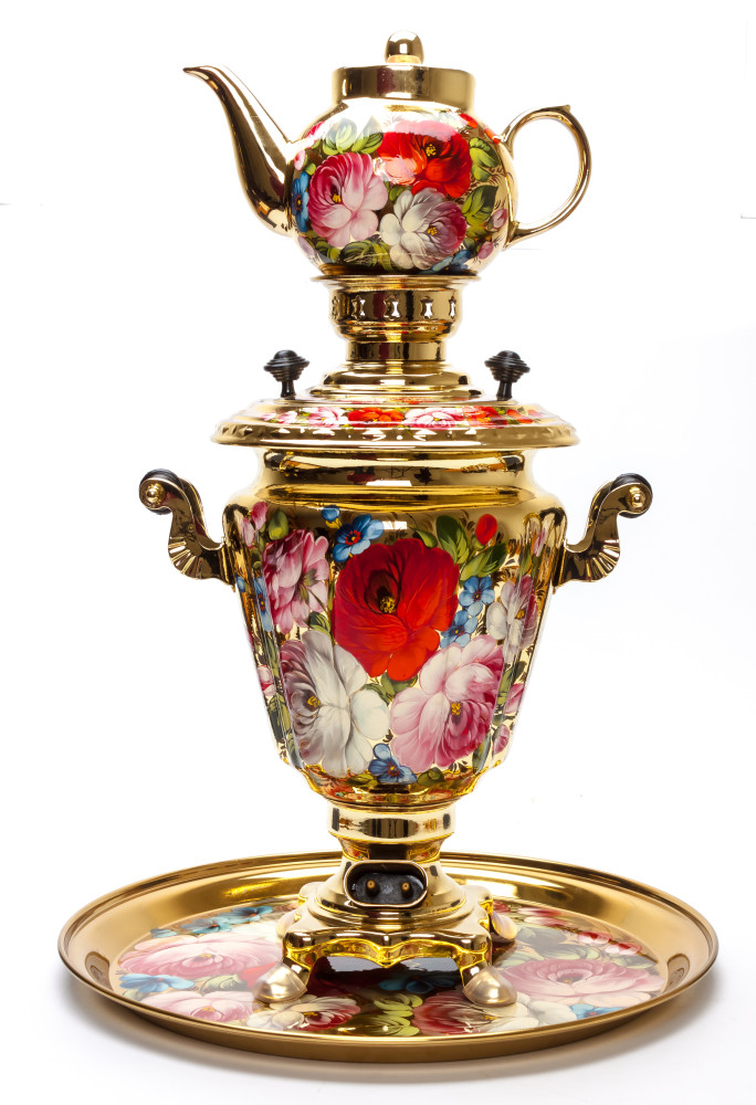 Zhostovo Flowers Electric Gold Samovar Kettle with 4 hand painted Brass Tea Glass Holders, Ceramic Teapot and metal Tray