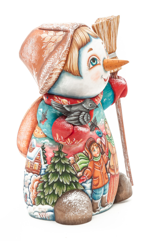 190 mm Snowman with hand painted Kids playing with a Bullfinch wooden figurine (by Sergey Christmas Workshop)