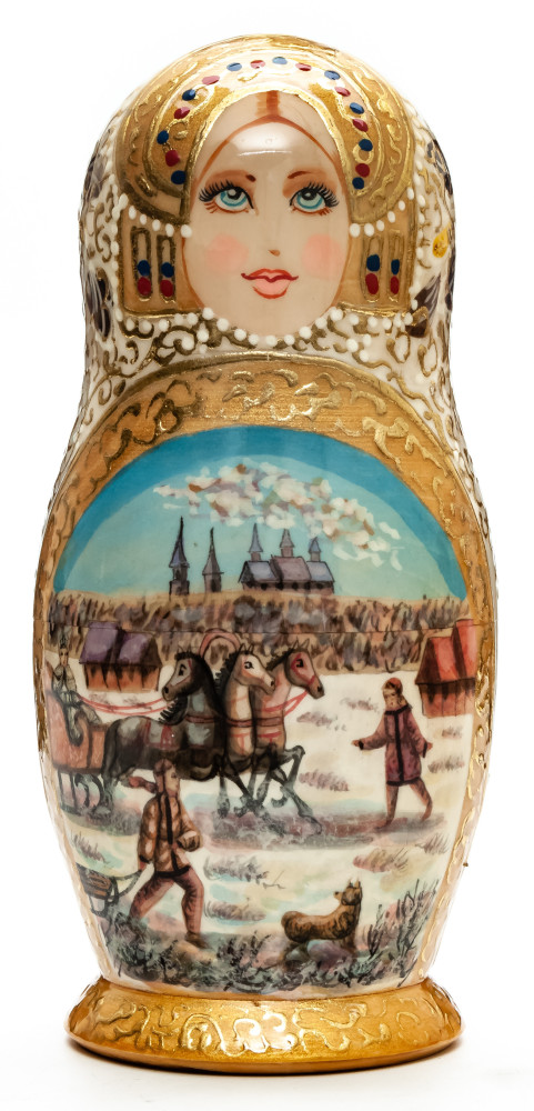 180 mm Russian Winter hand painted on Wooden Matryoshka doll 5 pcs (by Golden Cockerel Studio)