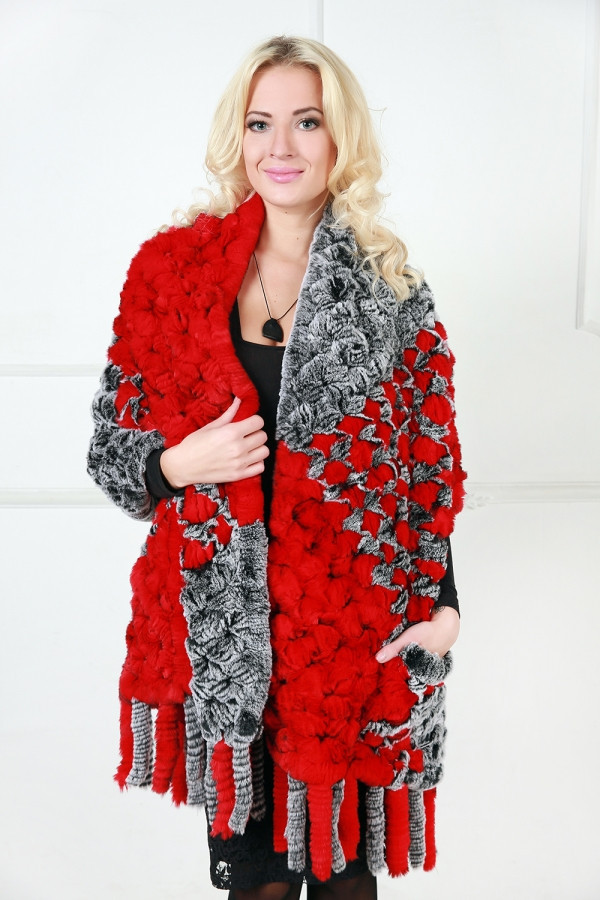 60cm Red and Grey Rabbit Hair Knitted Stole