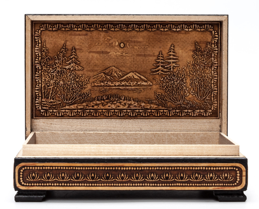 100x155 mm Siberian Patterns hand made Birchbark Jewelry Box (by Maxim Birch)