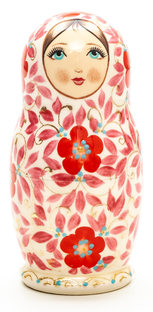 100mm Red Flowers on White hand painted Matryoshka round Doll 5pcs (by A Studio)
