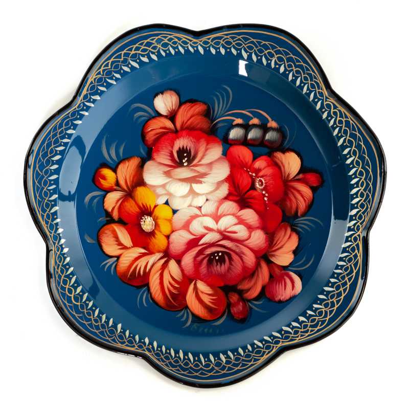 d 220 mm Zhostovo Patterns hand painted and lacquered Metal Forged Blue Tray (by Lada Crafts)