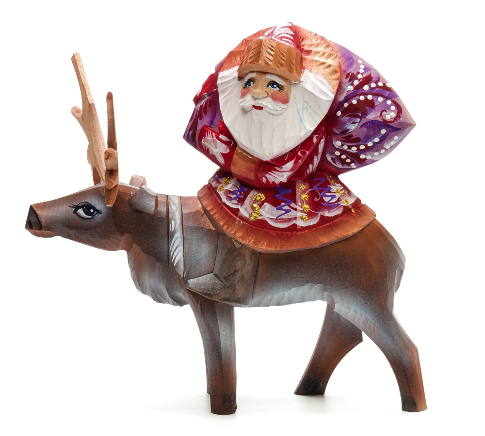 180 mm Santa with a Bag riding a Deer Carved Wood Hand Painted Collectible Figurine (by Igor Carved Wooden Figures Studio)