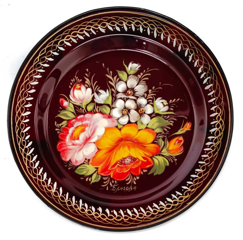  d 180 mm Zhostovo Patterns hand painted and lacquered by Blagova Metal Forged Carmine Tray (by Lada Crafts)