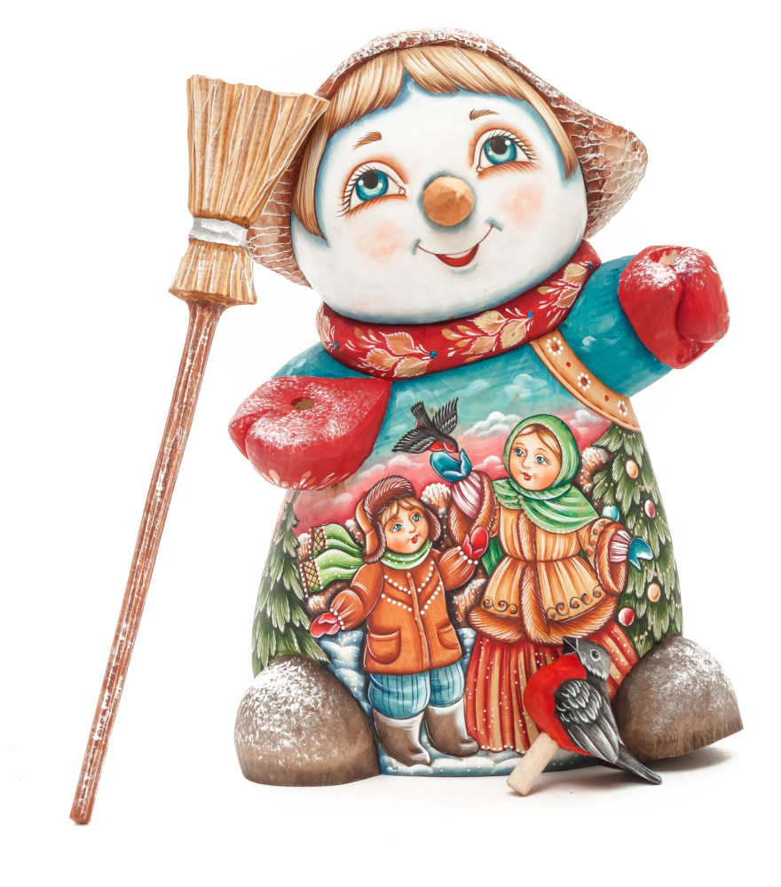 190 mm Snowman with hand painted Kids playing with a Bullfinch wooden figurine (by Sergey Christmas Workshop)