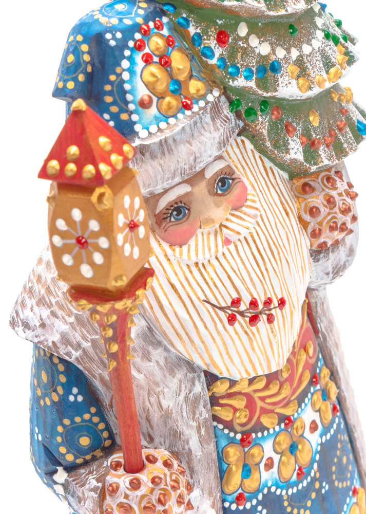 210 mm Santa with a Magic Staff and a Green Christmas Tree Carved Wood Hand Painted Collectible Figurine (by Natalia Nikitina Workshop)