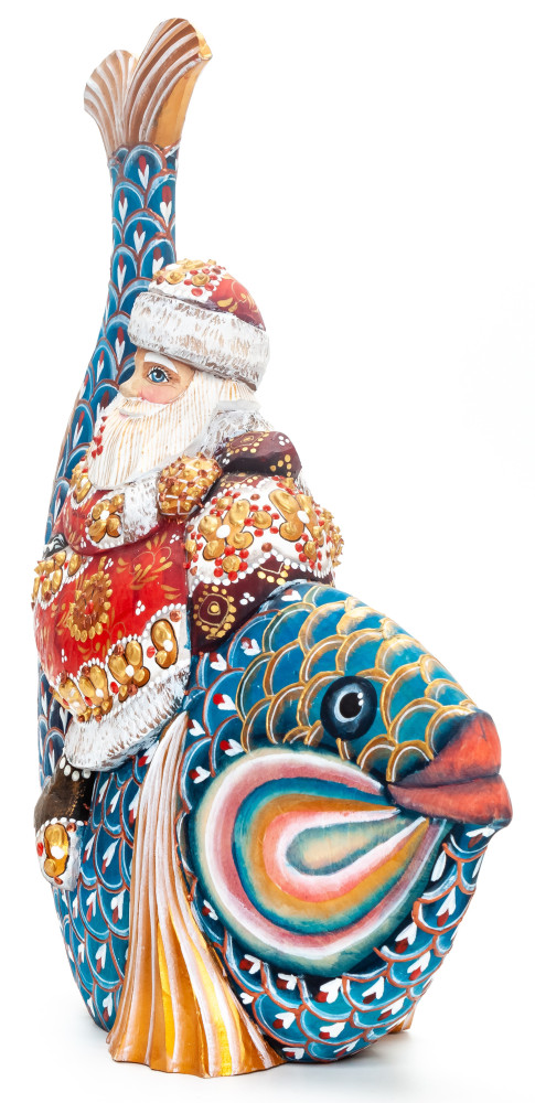 260 mm Santa Claus with a Bag Riding the Fish Carved Wood Hand Painted Collectible Figurine  (by Natalia Nikitina Workshop)
