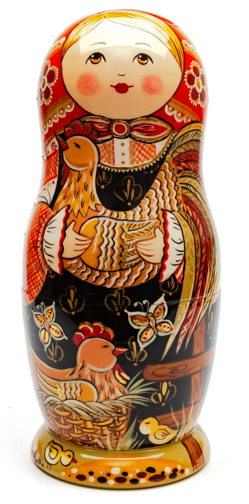 280 mm Russian Family with Chickens and Sunflowers hand painted Wooden Matryoshka doll 10 pcs inside