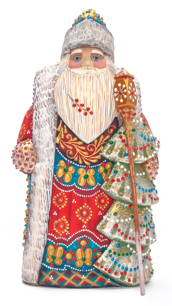 240 mm Santa with a Magic Staff and a Green Christmas Tree Carved Wood Hand Painted Collectible Figurine (by Natalia Nikitina Workshop)