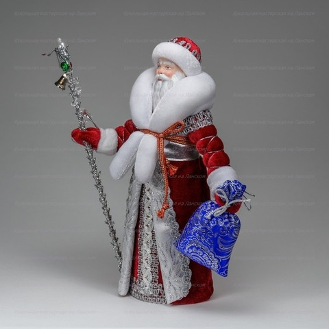 Santa Claus hand made Porcelain Doll with a Staff and a Gift Bag - 11 Inches (by Le Russe)